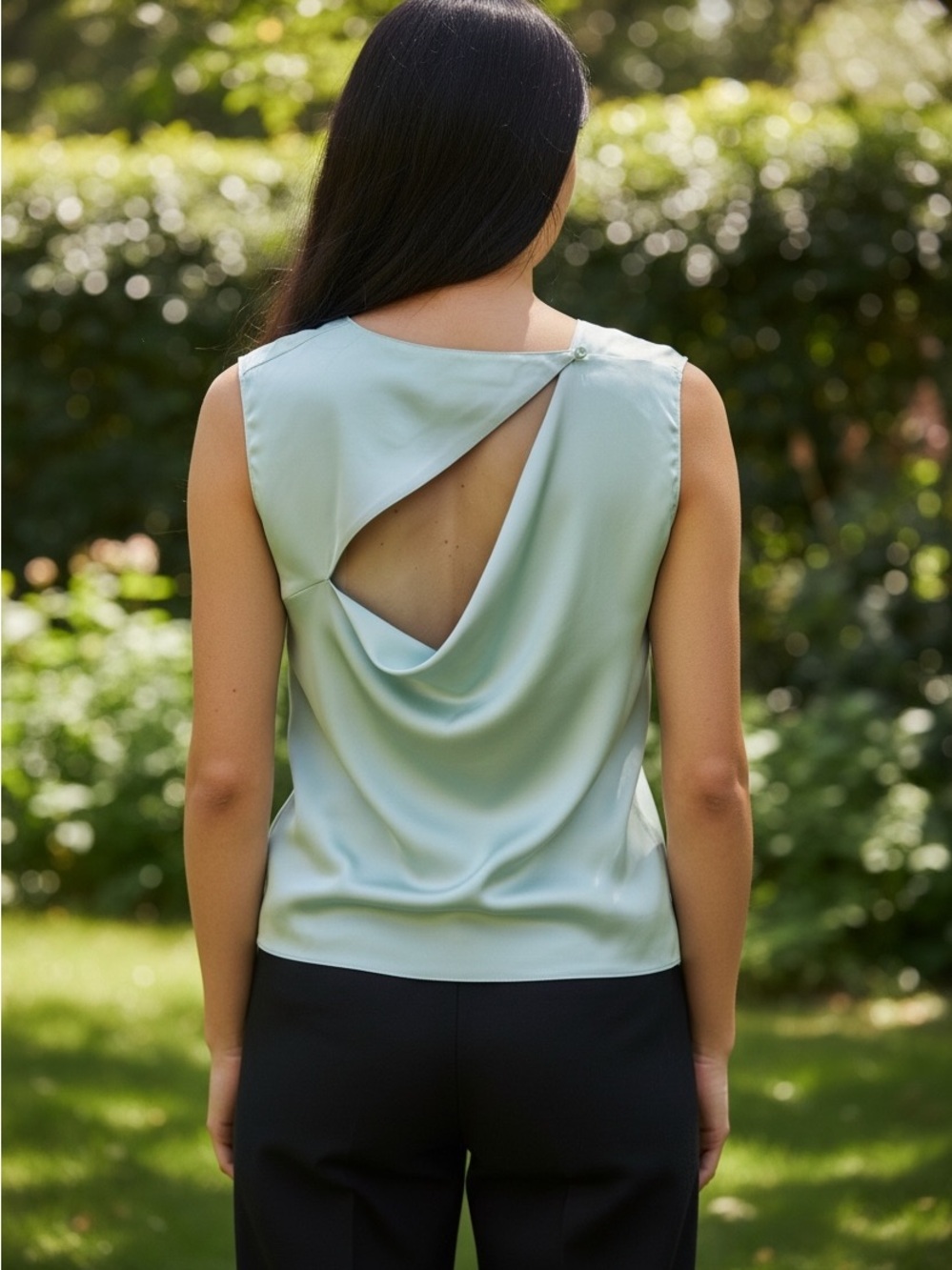 Theory Sleeveless Mint Satin Shell Top with Draped Back- Women's M